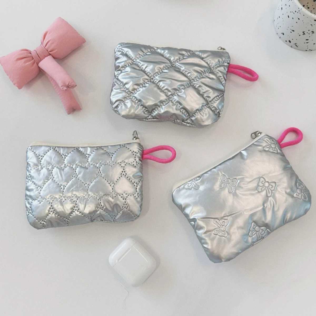 Silver Lingge Bow Pattern Coin Purses Small Canvas Coin Wallet Lady Girls Earphone Coin Key Money Storage Bag Zipper PouchW251021