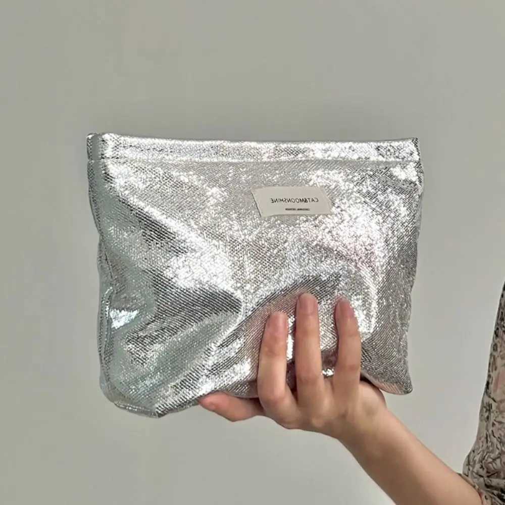 Portable Shiny Sequins Makeup Bag Silver Solid Color Cosmetic Bag Champagne Toiletries Skincare Storage Bag WomenW251021