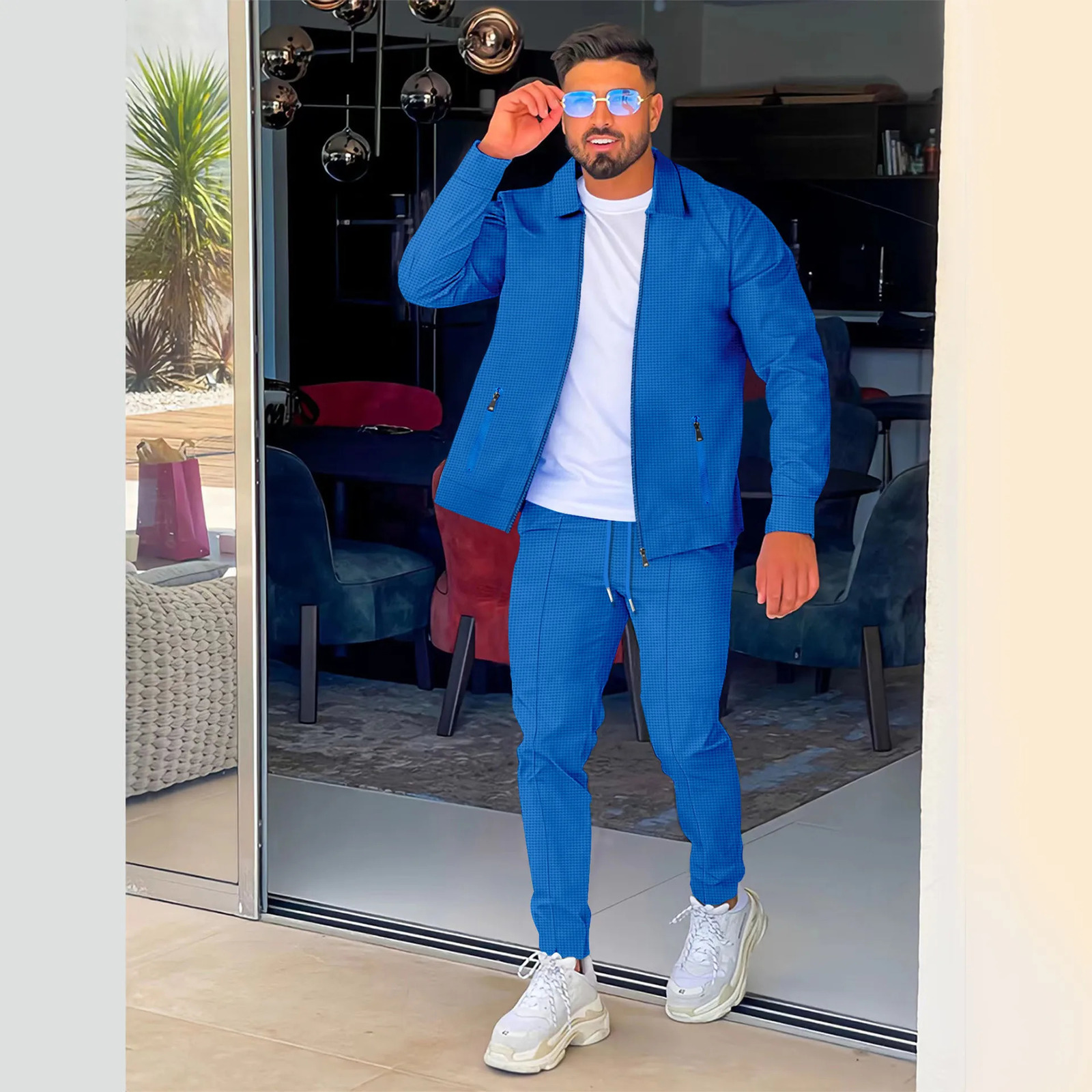 Crossborder SpringAutumn Zipper Pocket lapel Trendy Jacket Trousers Mens sportswear Streetwear Set 251021