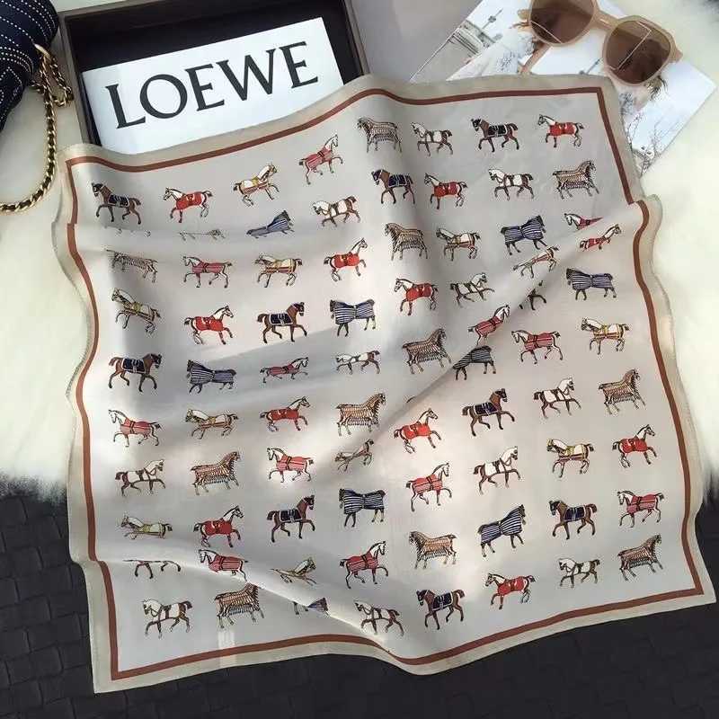 275 Dark Green Horse Print Square Scarf Vintage Cartoon Imitation Silk Neck Scarf Bandana Classic Head Wrap Hair Accessories W251021