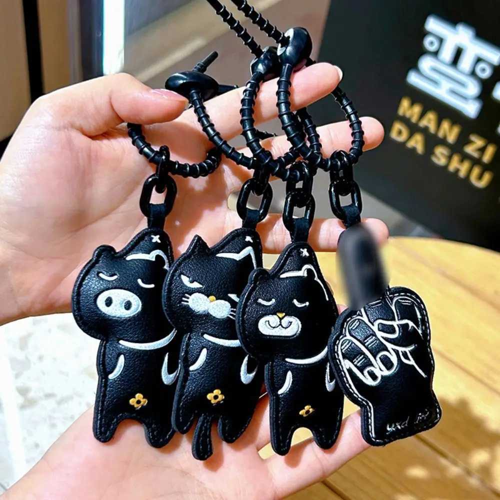 Fashion Pu Leather Cat Keychain Black Cartoon Car Key Pendant Charm Couple Keyring W251021