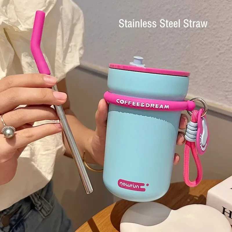 Fashion stainless steel coffee cups with straws largecapacity leakproof vacuum bottles cold drinks bottles and travel cups Y251021
