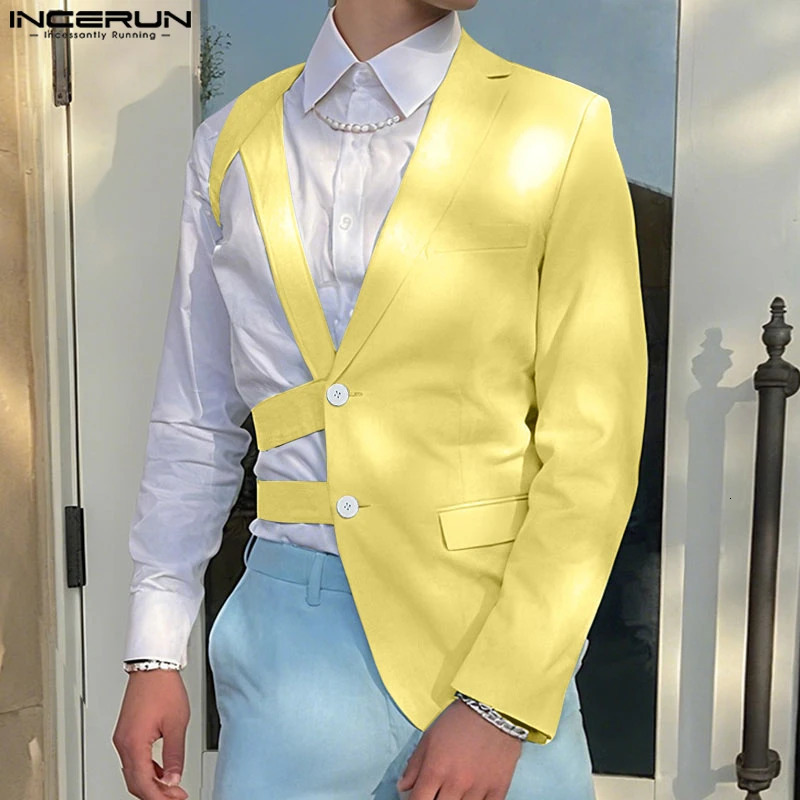 INCERUN Men Irregular Blazer Lapel Oneshoulder Long Sleeve Button Hollow Out Casual Suit Men Streetwear 2025 Fashion Thin Coats 251021