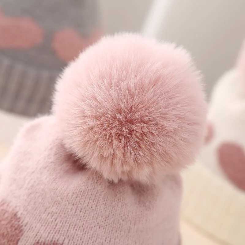 Fur Pompom Baby Hat Heart Printed Knitting Autumn Winter Newborn Infant Beanie Cap Toddler Warm Crochet Girls Boys Hats J251021