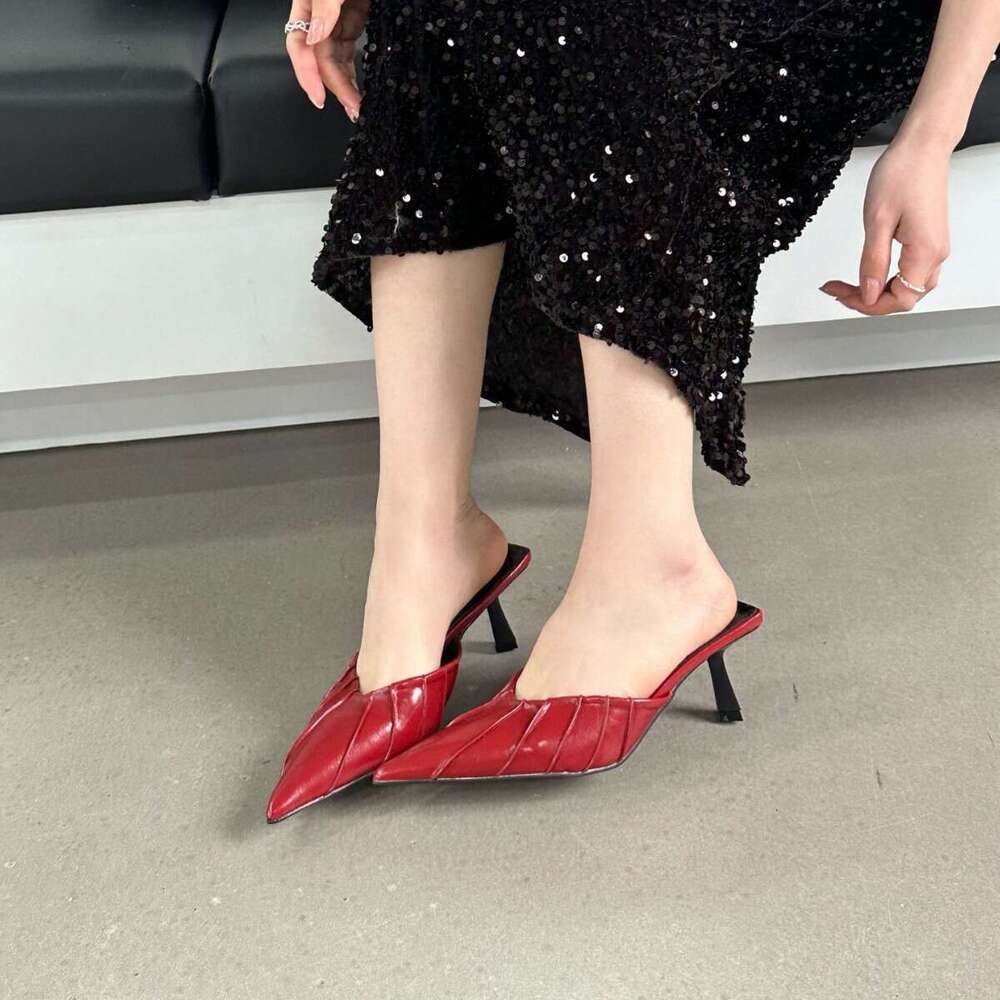 Pointed Sandals for Designer Shoe Women, Closed Toe Wrinkled Lazy Mules, 2025 New High Heel Half Slippers