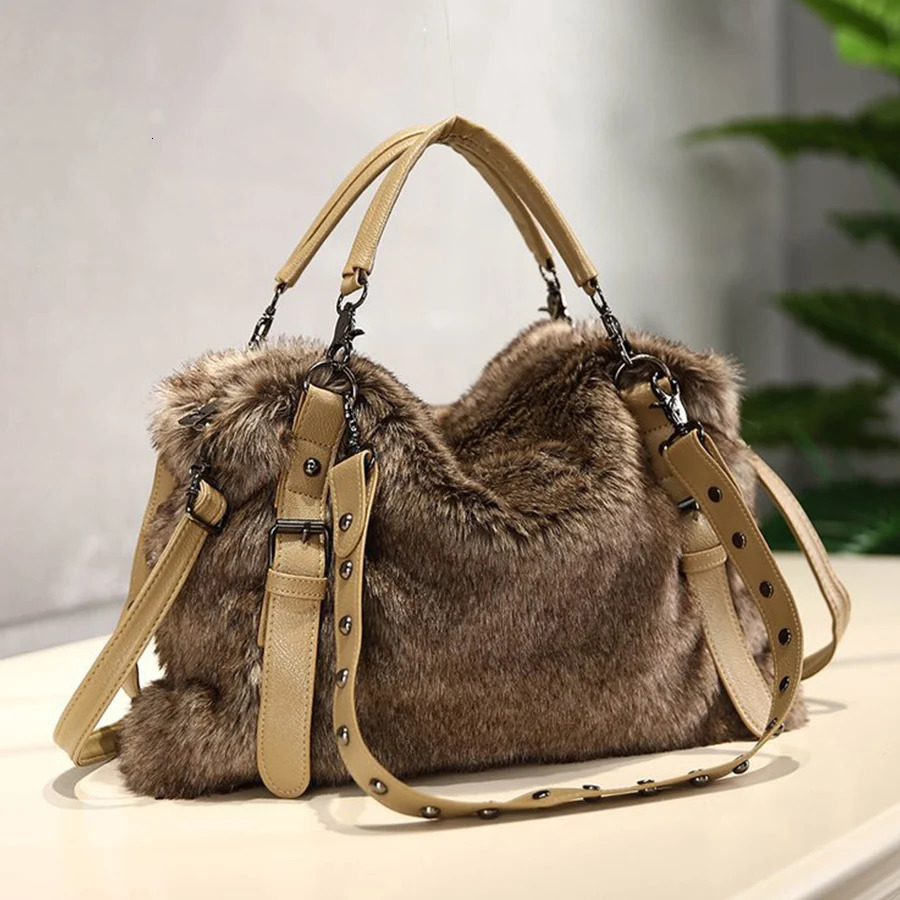 Women Soft Plush Hand Bag Winter Camel Rivets Large Capacity Tote Bags Female Underarm Bags Faux Fur Shoulder Crossbody Bag 251021