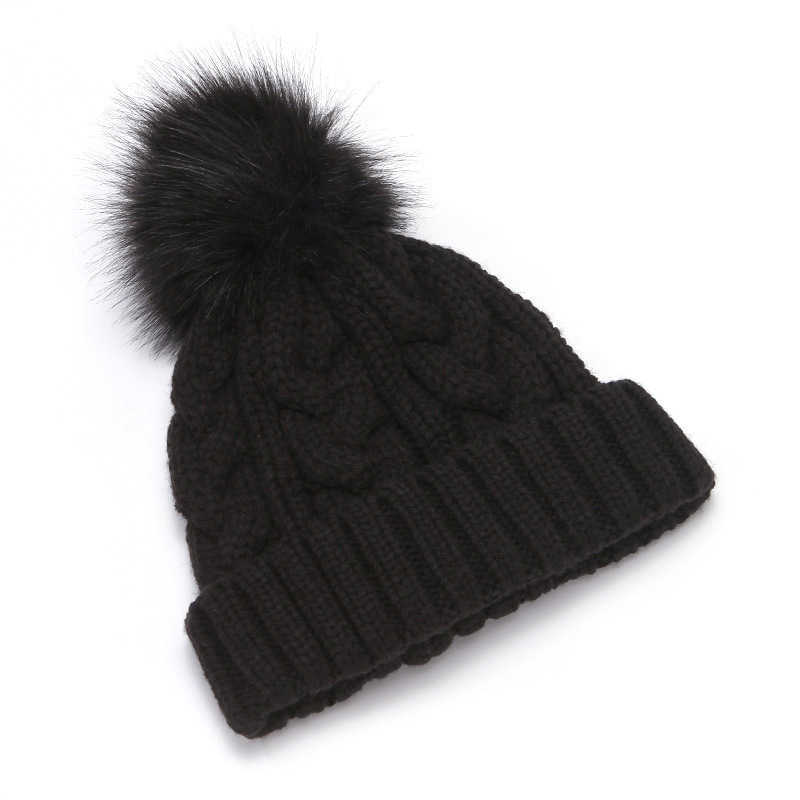 Autumn and Winter Knitted Hat with Faux Fur Unisex Conical Hat Nonfleece Lined Warm Braided Knitted Hat H251020