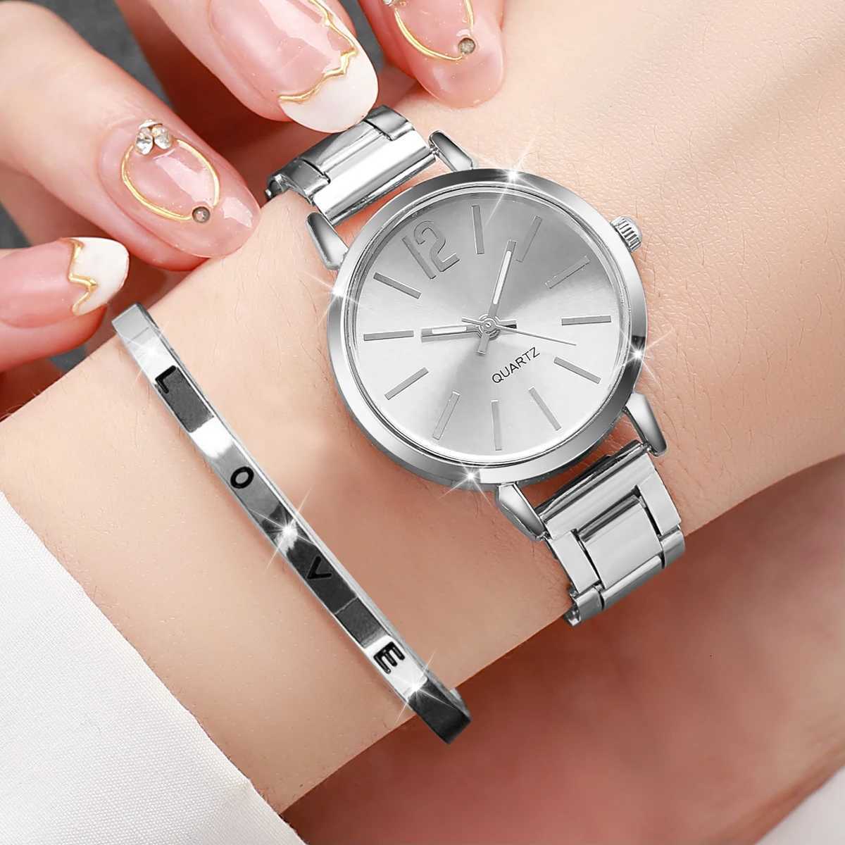 2PCS Fashion Womens es Opening Cuff Bracelet Set Gold Simple Round Ladies Quartz Wrist Reloj MujerXJ251021