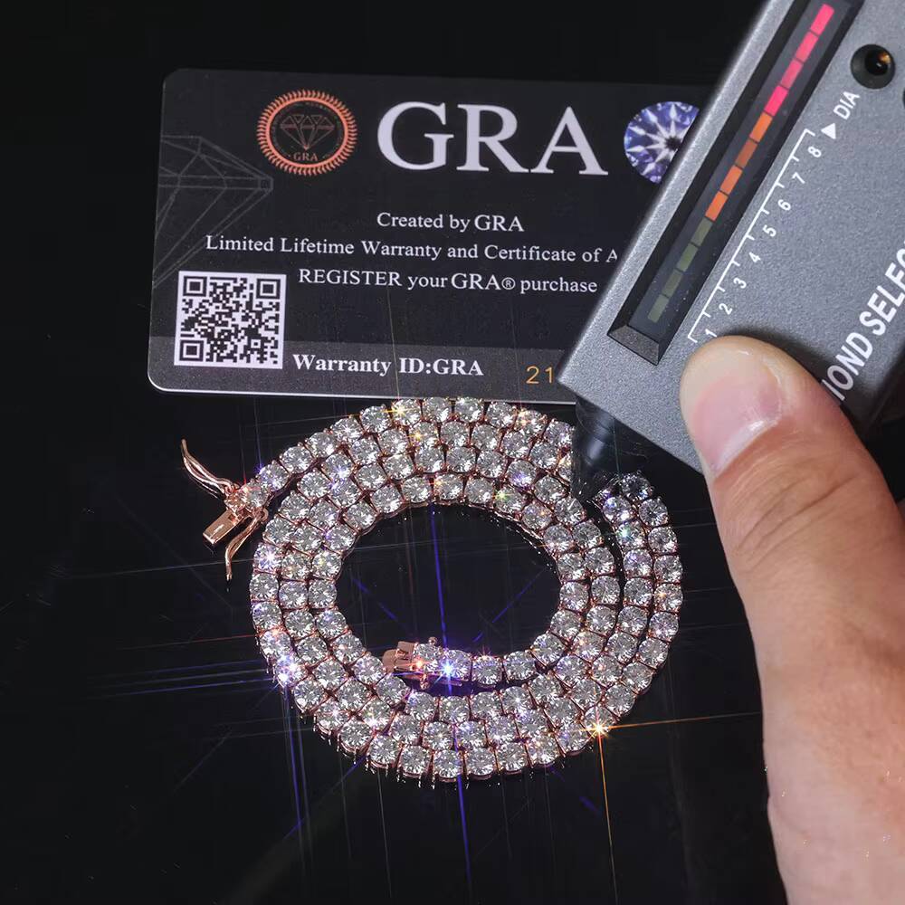 Sparkling VVS Moissanite Tennis Chain Necklace 925 Silver Rose Gold Plated Iced Out Round Cut Jewelry Gift for Women Anniversary