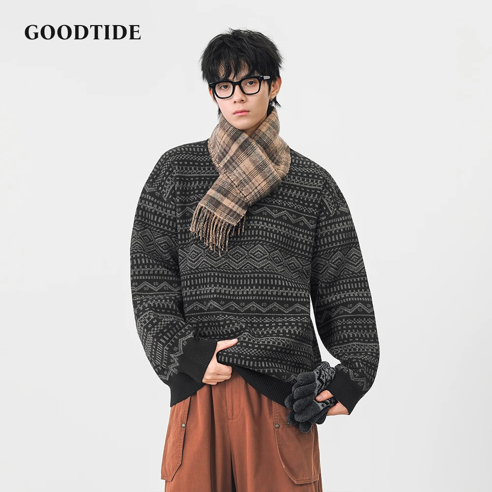 Fashion Mens Casual Crew Neck Sweater 2025 Winter Ethnic Pattern Knitted Pullover Comfortable Soft Long Sleeve Jumper Top 251020