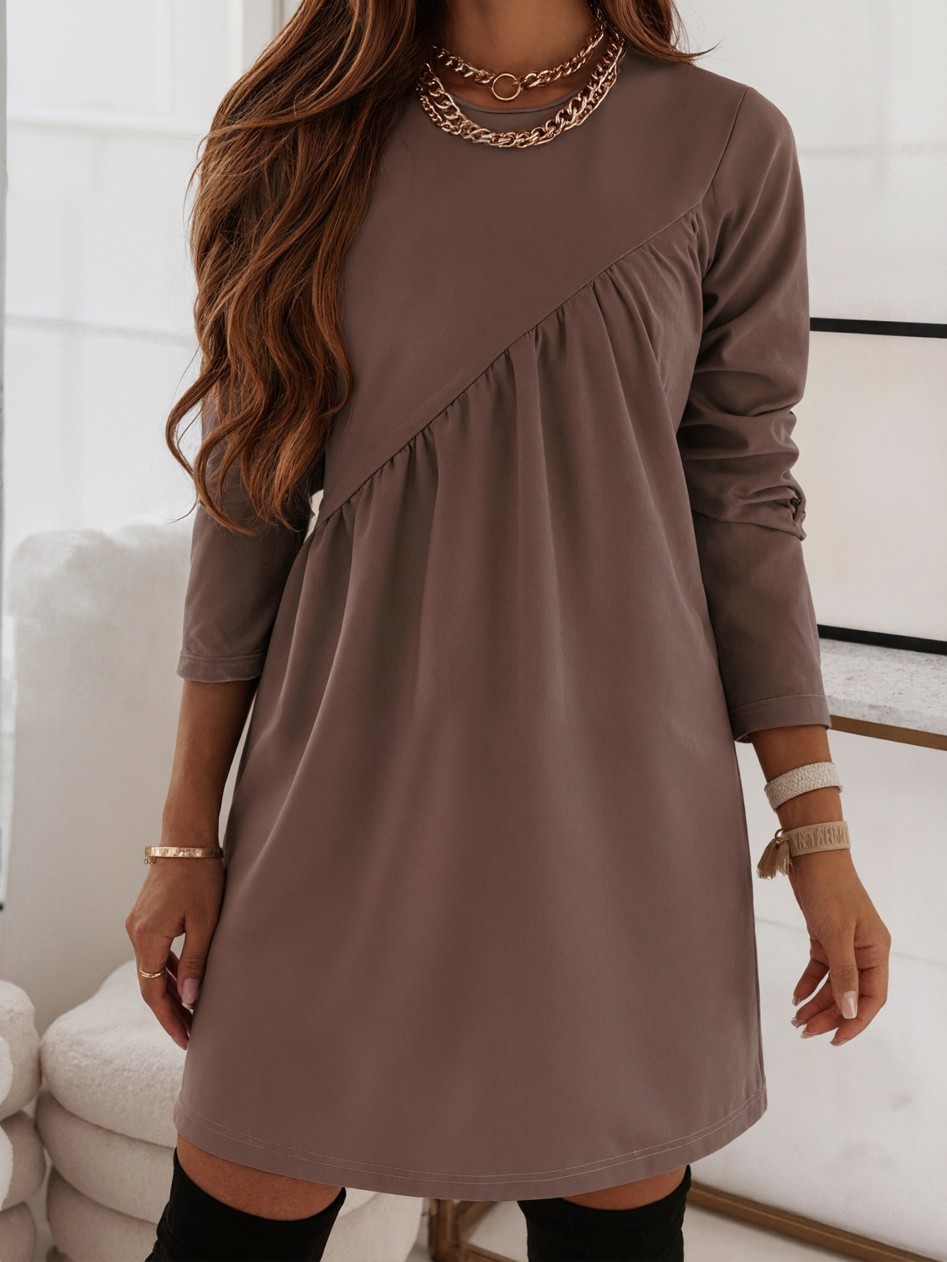 Women's Autumn & Winter Solid Color Printed Long Sleeve Dress, Milk Silk Elegant Office Casual Straight Dress (S-XXL, Brown/Black/Red/Green)-CF55