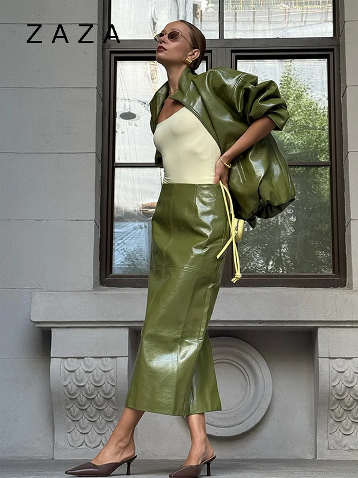 Vintage Solid Pu Leather Jacket Skirt Set High Neck Coat Slim Fit Long Skirt Coats Skirt Sets 2025 Autumn Winter Lady Outfit 251013