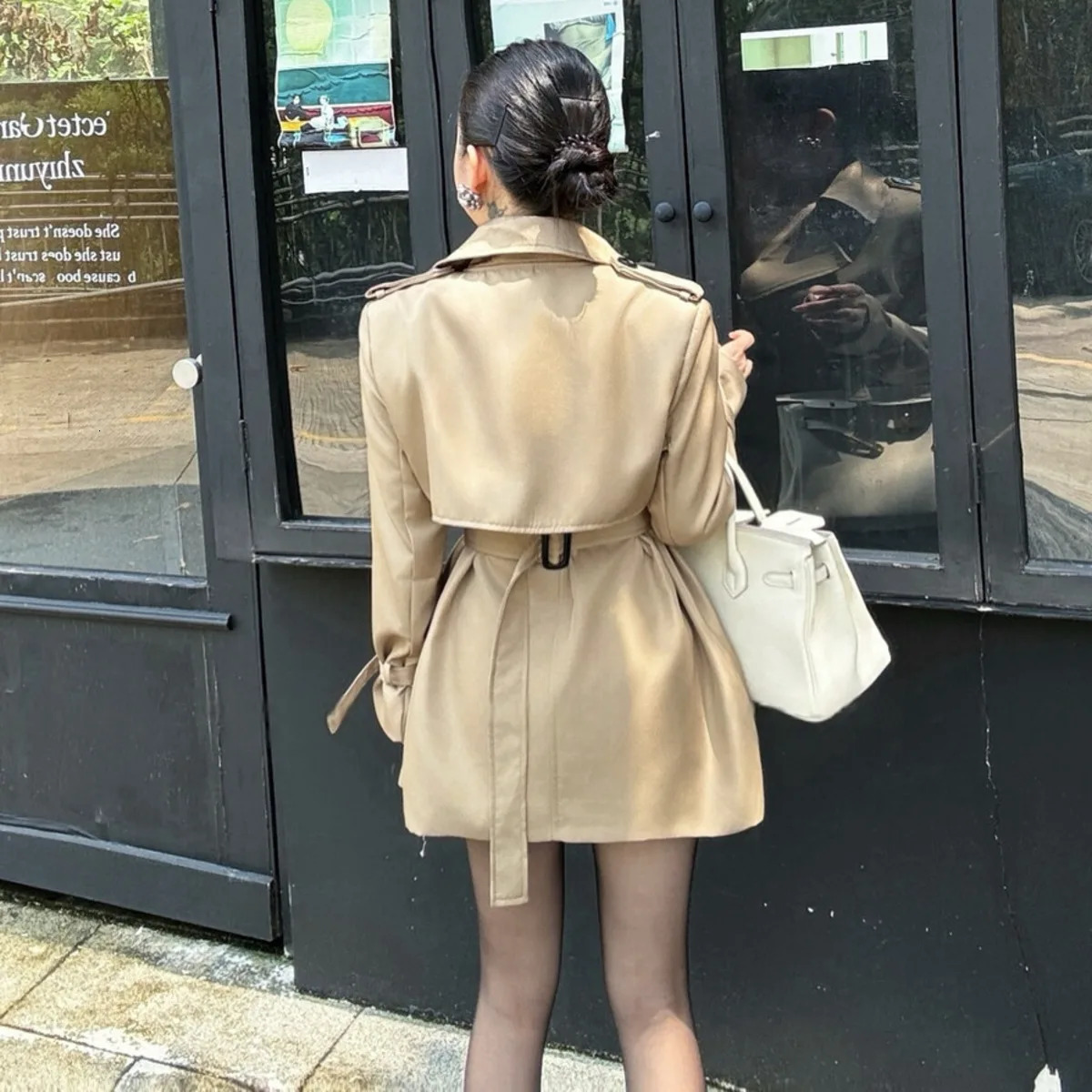 BJTZ Fall Winter Womens Short Trench Coat Belted Waist Office Commute Chic Elegant Casual Outerwear Jacket 251017