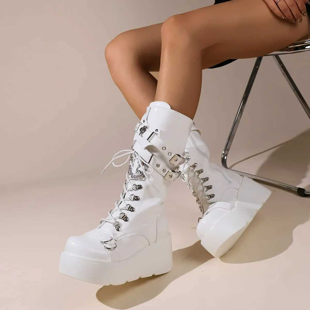 Platform Boots Riveted Buckle Wedges High Womens Boots Punk Spice Chic Biker Rider Boots Z251020