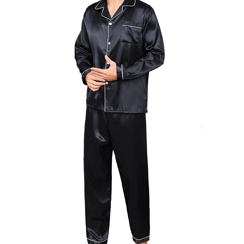 Two piece sets mens pajamas autumn and winter silk satin long sleeved pants casual simple solid color sleepwear set 251021