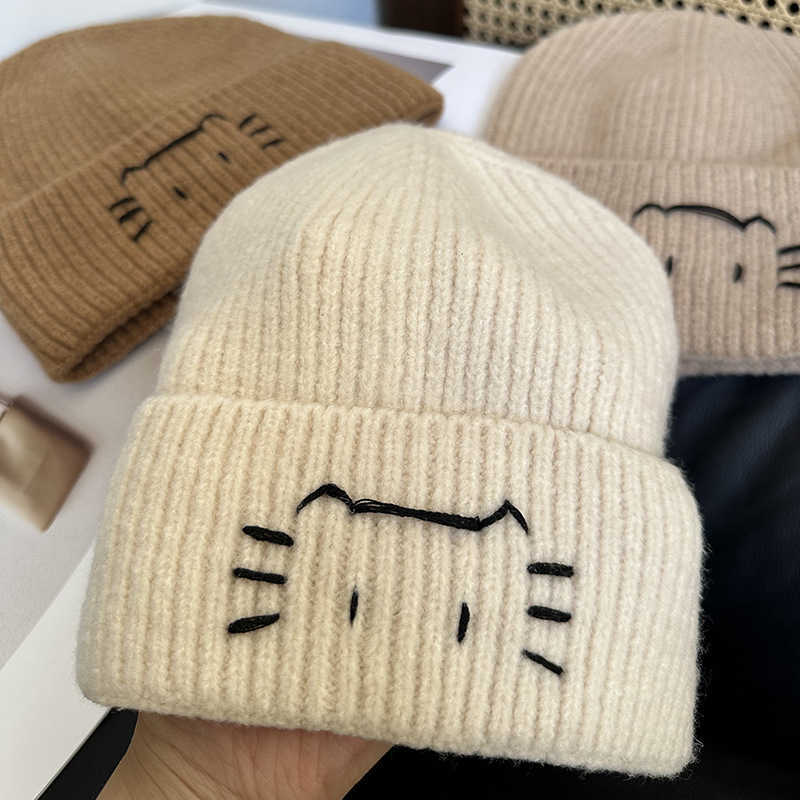 Hat Versatile 2025 Autumn Winter Style Knitted Hat New Cute Cat Handmade Embroidery Warm Ear Protection Knitted Fashion H251020
