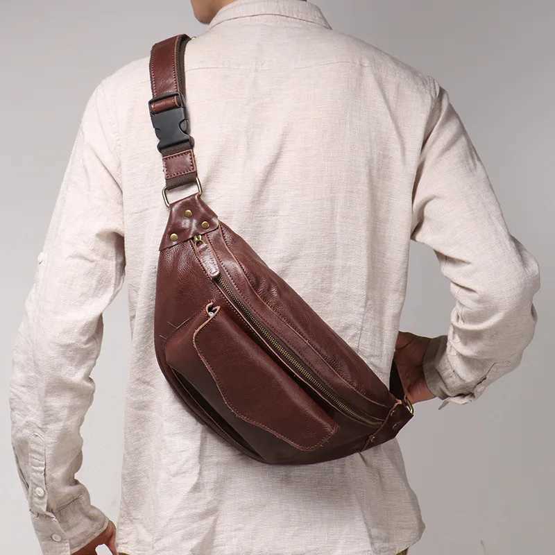LUOKIR Retro Leather Mens Chest Bag Vegetable Tanned Leather Casual Crossbody Bag Cowhide Shoulder Bag Z251021