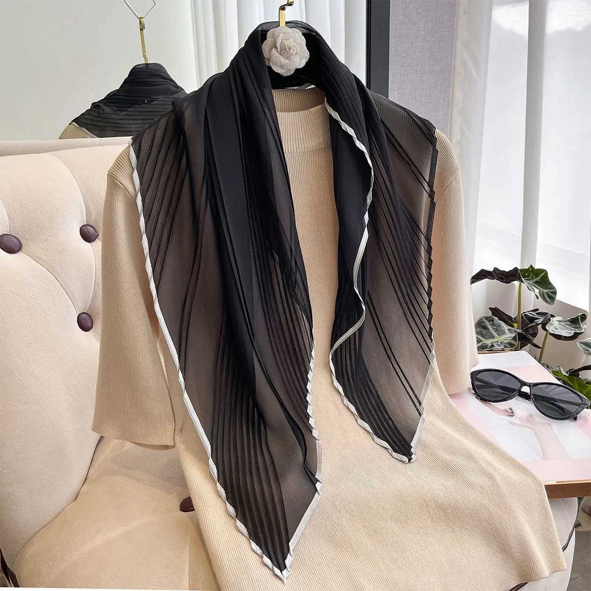 Women Pleated Satin Solid Scarf Headscarf Neckerchief Square Shawl Hair Tie Band HandKerchief Satin Foulard Scarves Decorative W251021