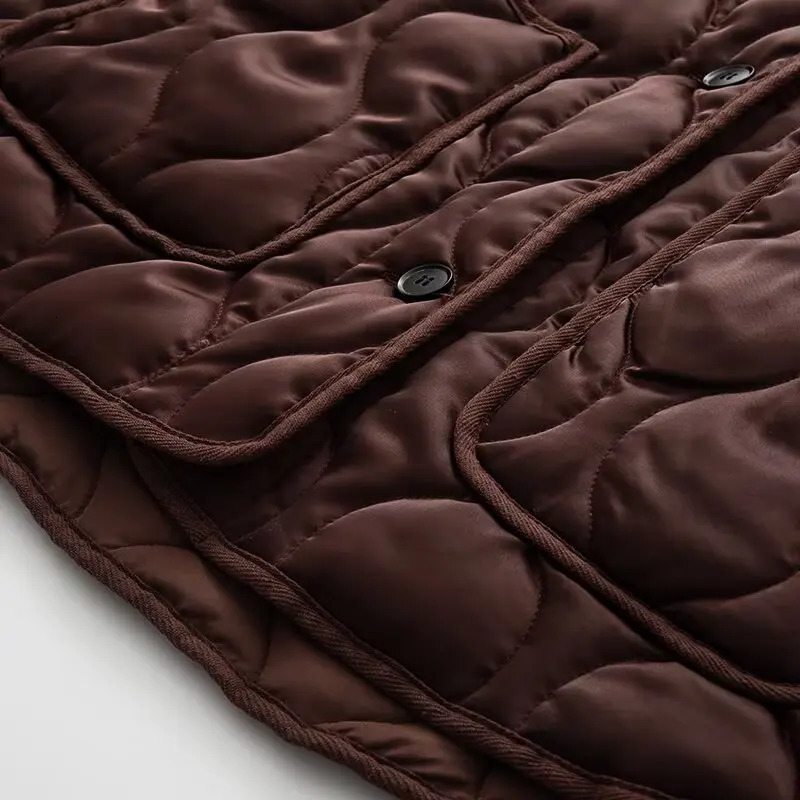 Autumn Womens Solid Color Retro Large Pocket Round Neck Long Sleeve Loose Quilted Cotton Jacket Coat 251017