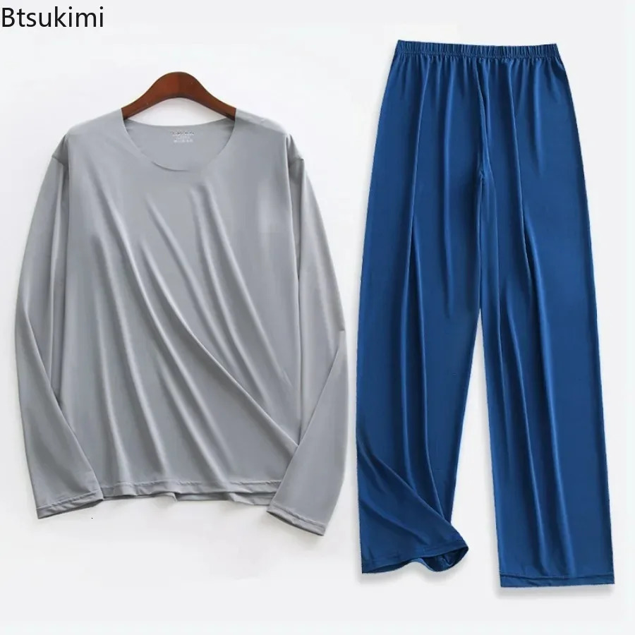 Plus Size 5XL Men Ice Silk Pajama Set Solid Long Sleeve Tops and Pants Sleepwear 2pcs Sets Soft Comfy Lounge Home Nightwear Male 251021