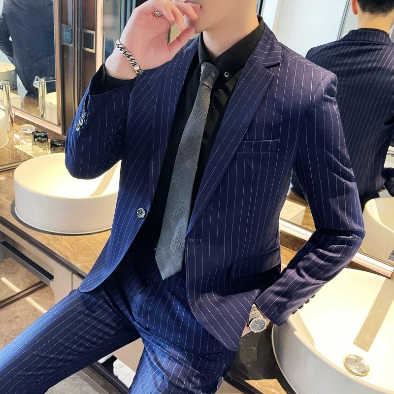 Mens Fashion HighQuality Slim Fit TwoPiece Suit Set Spring Autumn Stripes Business Casual Trousers And Jacket Combo 251021