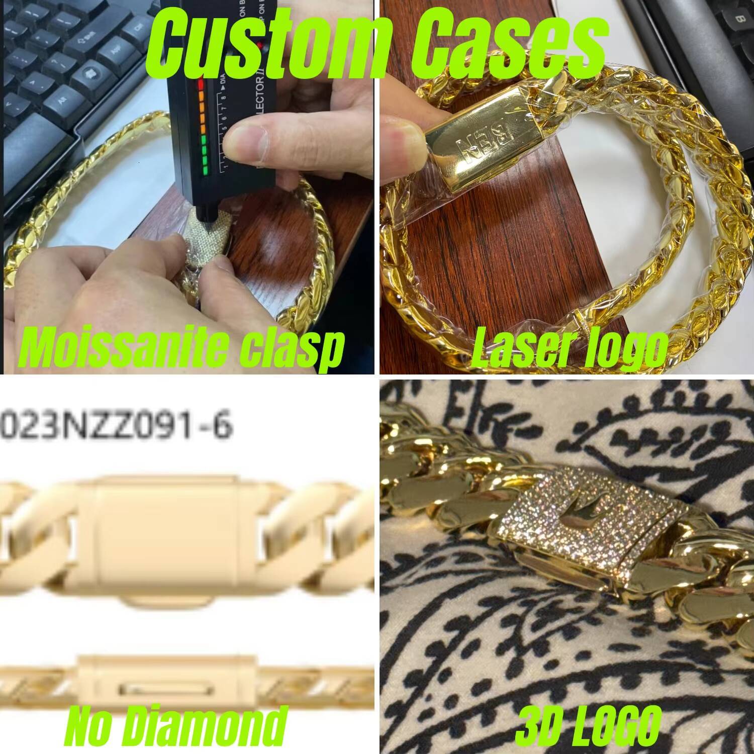 Customized Moissanite Cuban Chain Bracelet Necklaces 14K 18K Gold Plated Solid Brass Miami Cuban Link Chain Hip Hop for Men