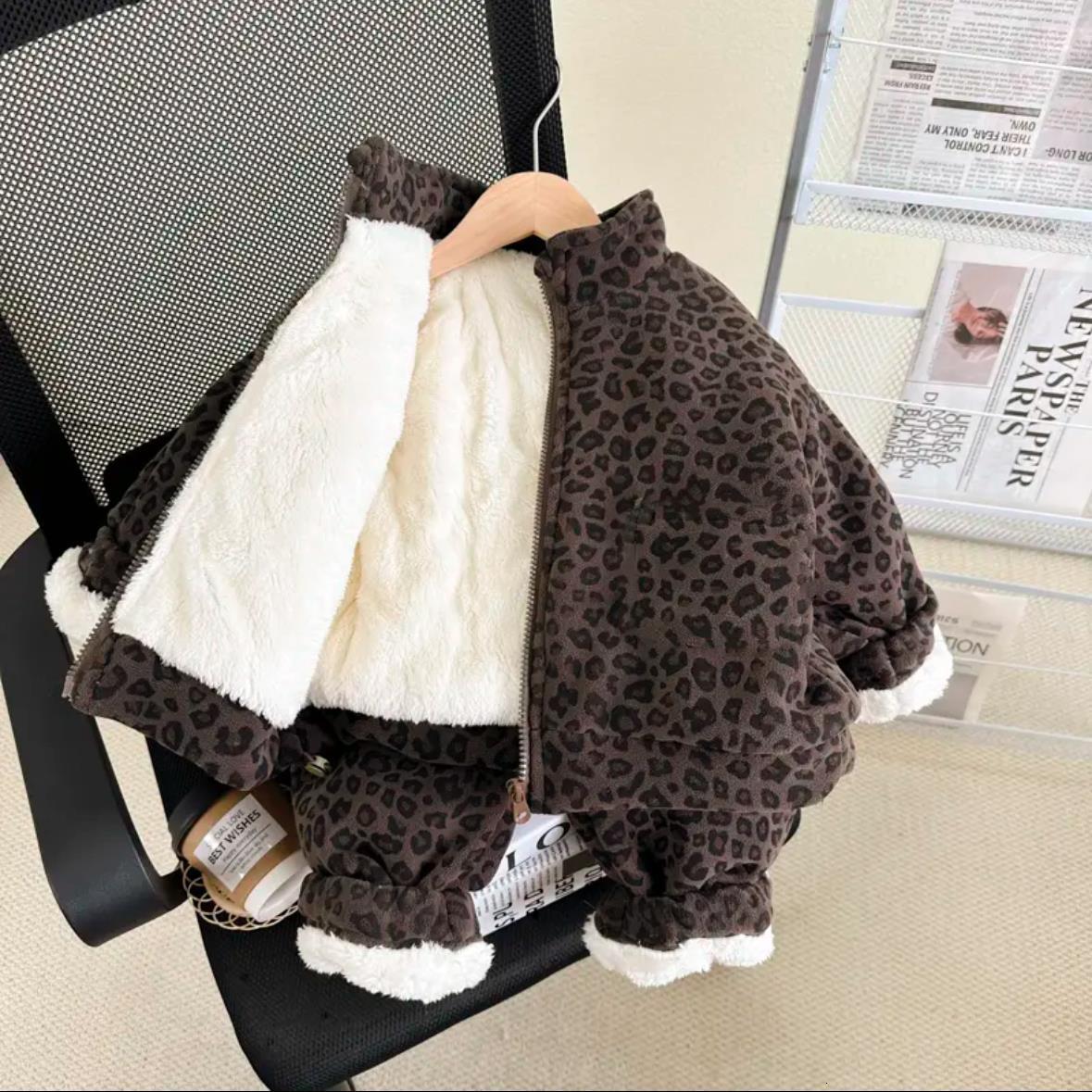 New designer boy and girl winter wool suit fashionable boy and girl baby warm thick high neck jacket pants cotton two-piece set