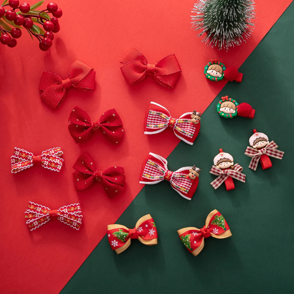 2PcsSet Christmas Baby Girls Hair Clips Ribbon Flower Tree Snowflake Resin Hair Bows Xmas Dance Party Hairpins Hairgrips 251021