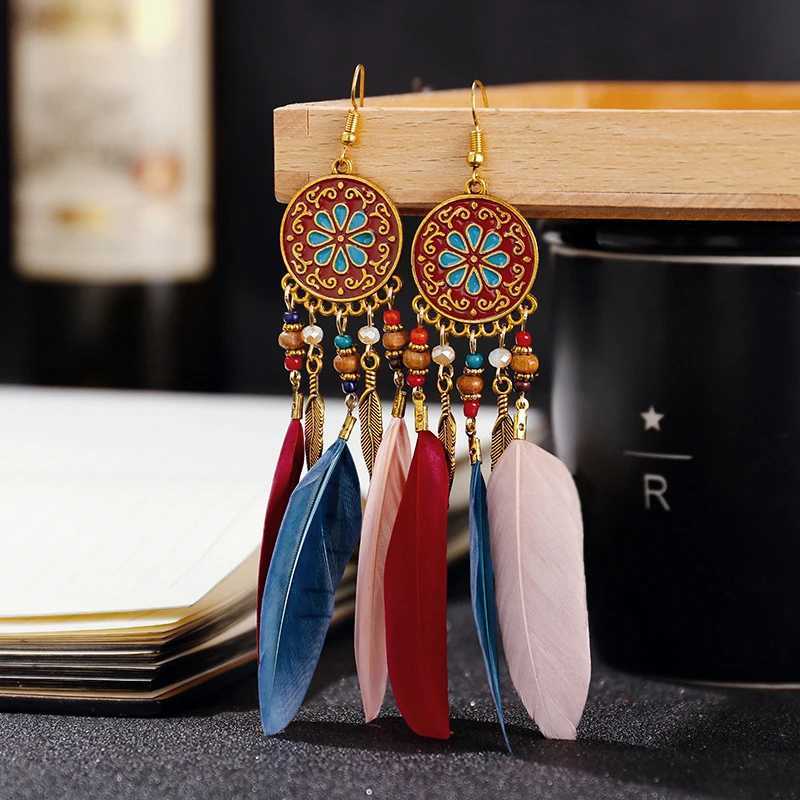 Boho Long Feather Dangle Womens Earrings Beach Long Tassel Beads Handmade Flower Enamel Earrings Bride Wedding Pendientes Mujer J251021