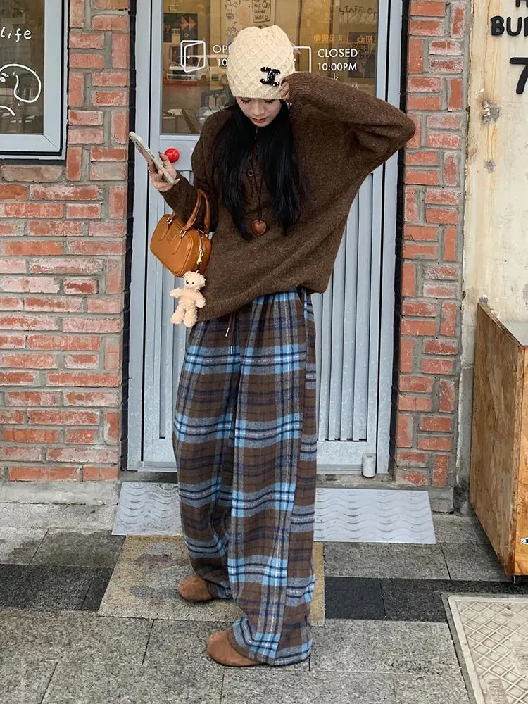 Retro Blue Plaid Drawstring Laceup Wide Leg Pant Autumn Winter High Waist Loose Pleated Straight Trousers Streetwear Casual Y2k 251020