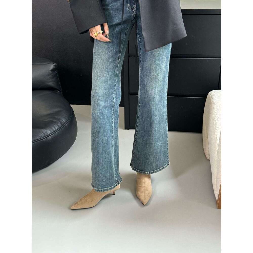 Autumn Winter Soft Sole Elastic Slim Pointed Toe Stiletto Women Short Small Heel Versatile Black Suede Designer Shoe Single Boots