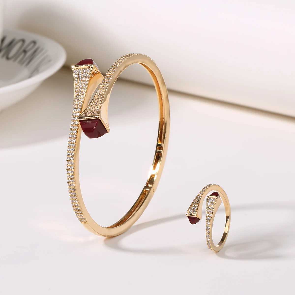 2021 New Romatic Women Fashion 2 Pcs Bracelet Ring Set Candy color stone Simple Design Gold Open Cuff Bangle Ring Jewelry Set J251021