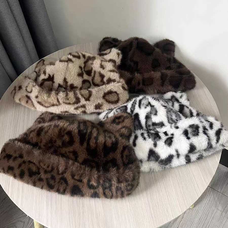 Leopard Print Plush Fisherman Hat Hat for Women New Thickened Warm Ear Protection Faux Mink Fur for Autumn and Winter H251020 HR8C
