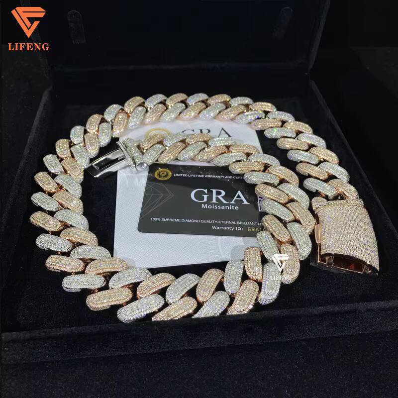 18mm Two Tone Silver Baguette Moissanite Diamond Men Cuban Necklace Pass Diamond Test VVS Moissanite Iced Out Miami Cuban Chain