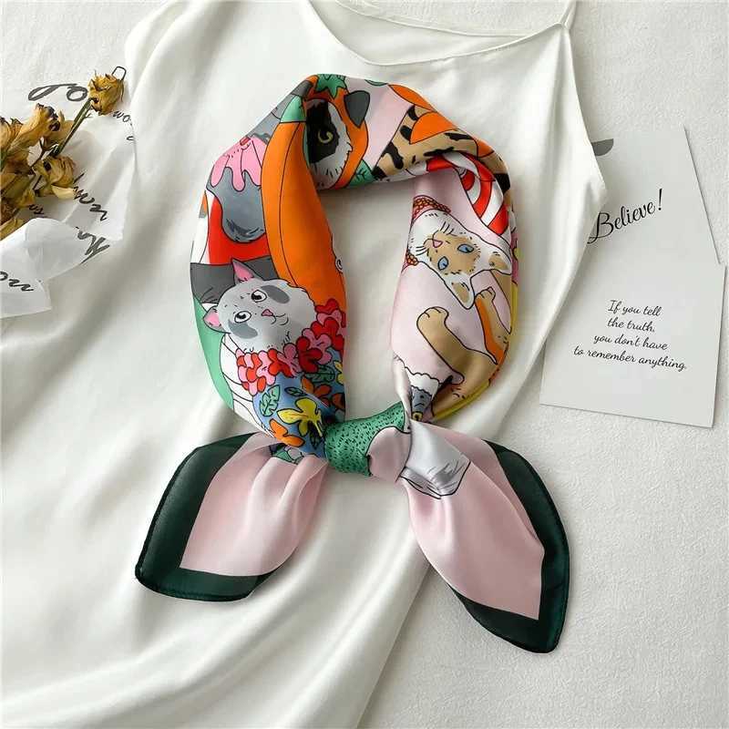 Luxury Brand Cartoon Cat Square Imitation Silk Scarf Spring and Summer Head Wrap For Women Multifunction Neckerchief W251021