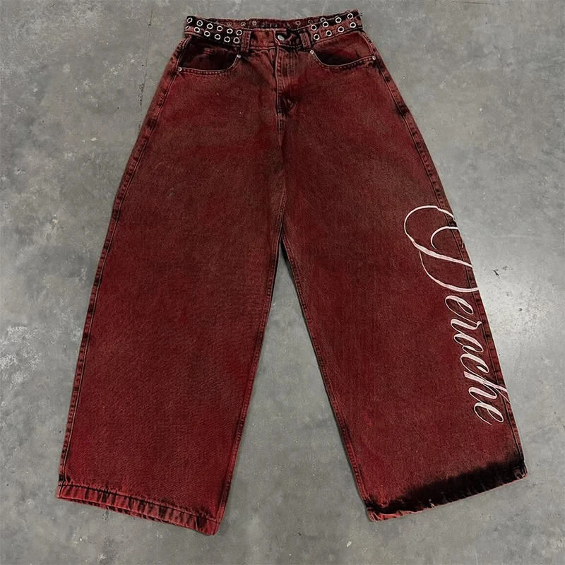 Y2K Casual Loose Jeans Vintage Letter Print Rivet Waist Belt n Red High Wide Leg Men Women Hip Hop Streetwear 251017