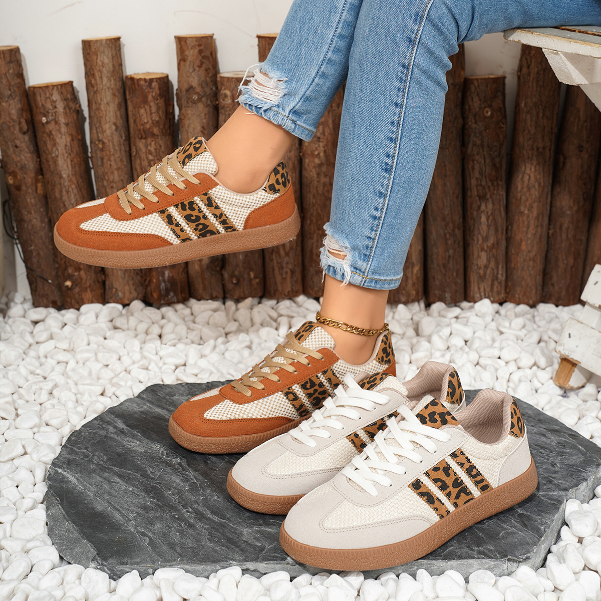 Retro German training shoes women's new lace-up color-blocked round toe leopard print contrasting flat casual board shoes2025