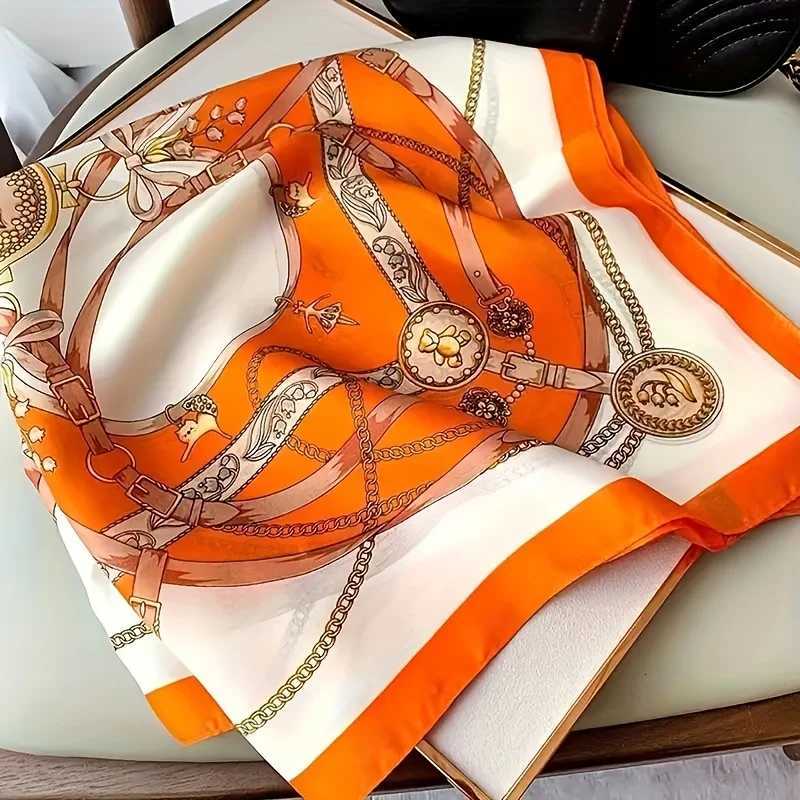 275 Chain Printed Square Scarf Elegant Thin Breathable Decorative Neck Scarf Orange Windproof Headscarf For Women W251021