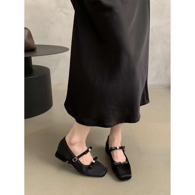 Designer Shoe Silk Satin Silver Single for Women New Bowknot French Style Elegant Fairy Dress with Chunky Heels Mary Jane Shoes