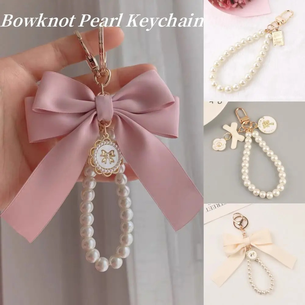 Bowknot Keychains Womens Pearl Chain Big Bow Tie Tote Hanging Ornament Bag Decorations DIY Headphone Case Accessories Kit Chain 251017