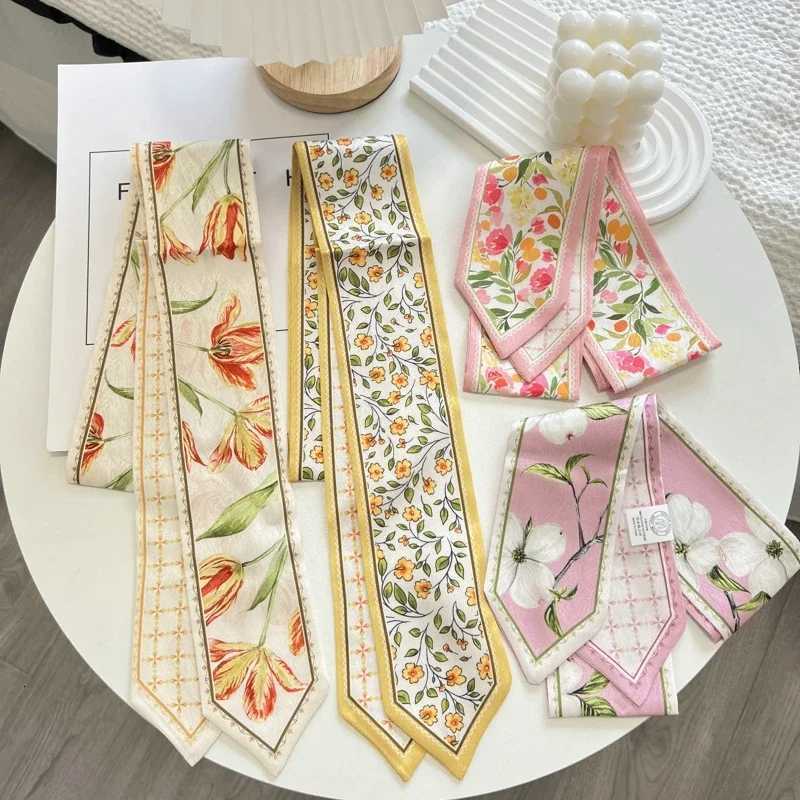 HighGrade Flower Print Long Silk Scarf Hair Band Ribbon Tiedup Hair Long Bow Vintage Satin Ribbon Hair Accories For WenW251021