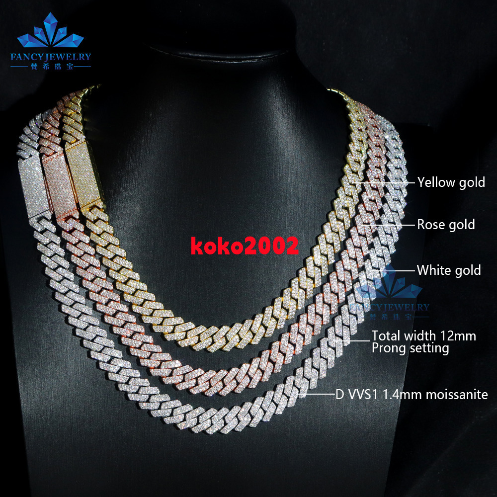 Factory Hot Selling Hip Hop Cuban Link Chain Iced Out Vvs Moissanite Jewelry 8mm 10mm 12mm S925 Silver Cuban Chain Necklace