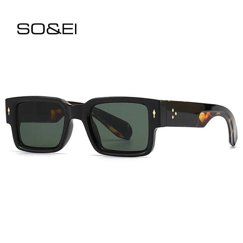 SOEI Ins Popular Fashion Square Rivets Men Sunglasses Vintage Punk Gradient Women Trending Dark Green Sun Glasses Shades UV400 J251114