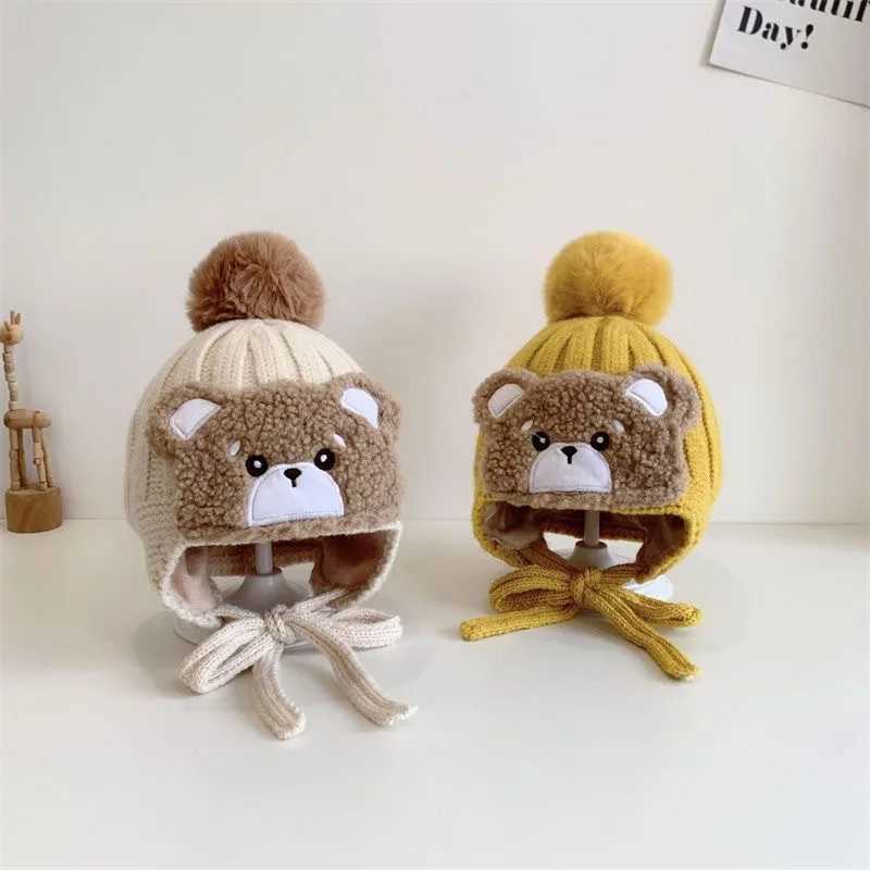 Warm Big Pompom Baby Winter Warm Hat Windproof Soft and Breathable Cartoon Bear Thick Ear Protection Cap Woolen Yarn J251021