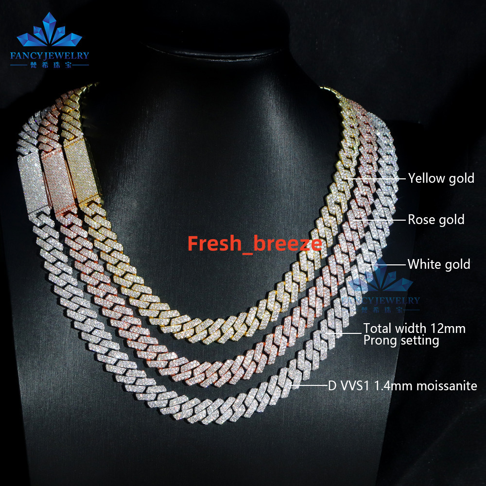 Hot Sale 8mm 12mm 2 Rows Vvs Moissanite Necklace Iced Out Hip Hop Jewelry Solid 925 Silver Cuban Link Moissanite Cuban Chain