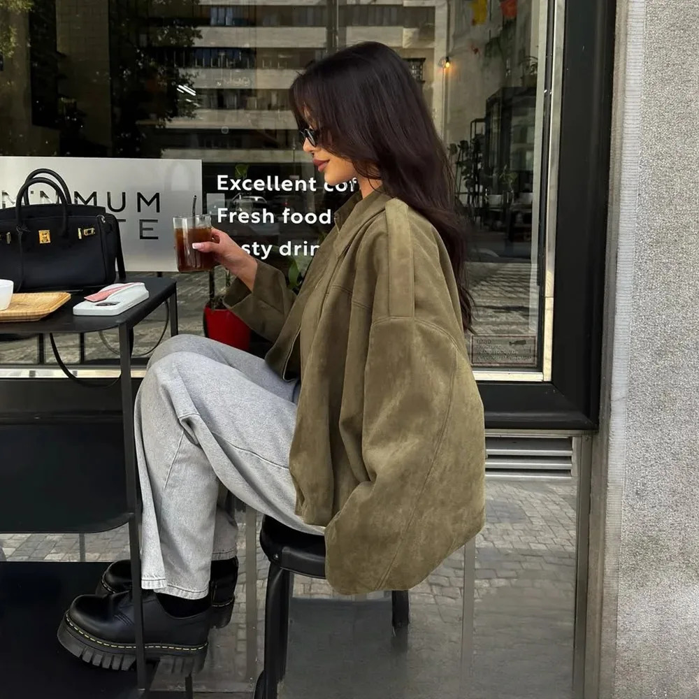 KONDALA Casual Chic Khaki Brown Bomber Jacket Women Long Sleeve Zipper Loose Coats Fashion Autumn Winter Streetwear Outwear 251021