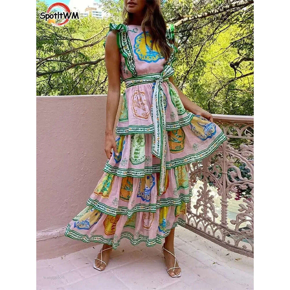 Casual Dresses Fashion O Neck Sleeveless Belt A-line Women Printed Layered Ruffles Cake Dress Summer Elegant Female Vacation Party Robe