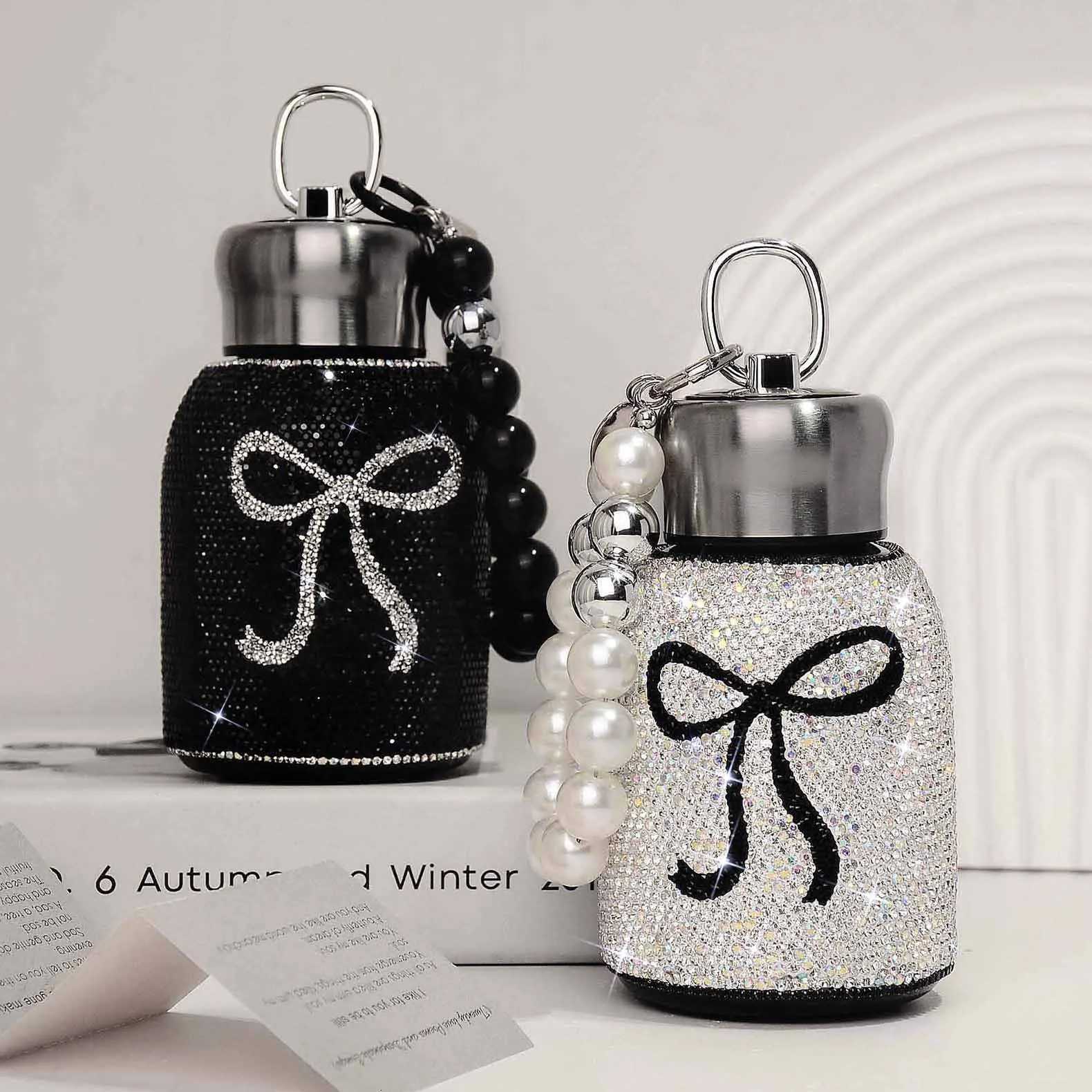 High Value Luxury Diamondencrusted Thermos Cup Portable 304 Stainless Steel Portable Bow Big Belly Cup Car Water Cup Y251021
