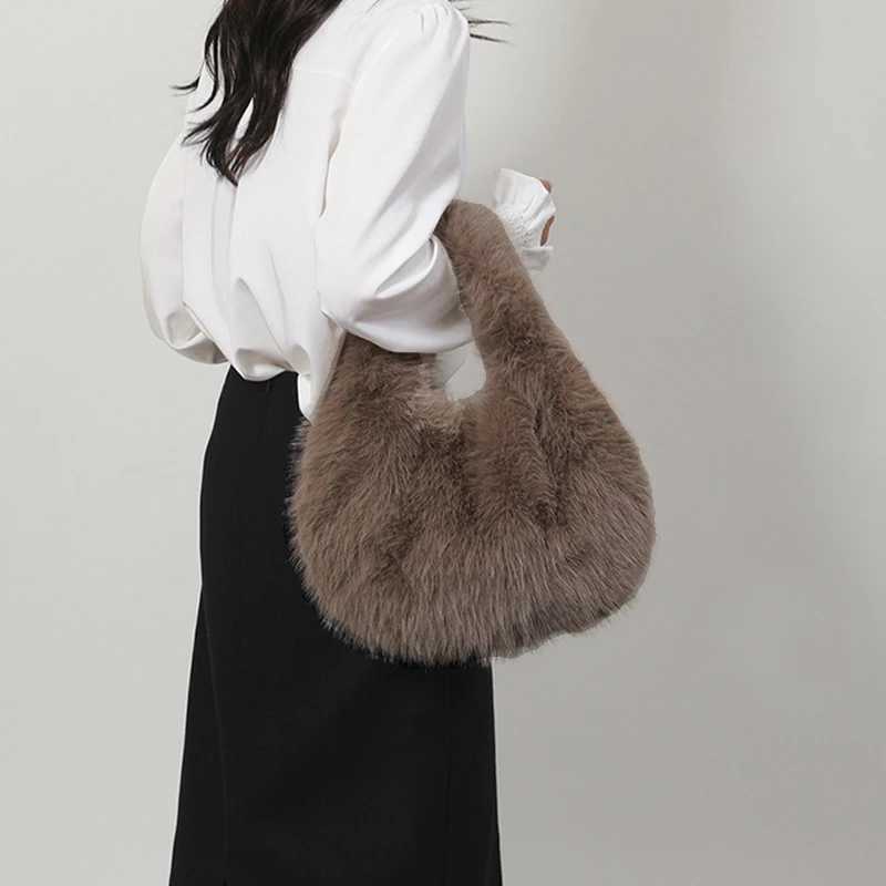 New Fashion Soft Plush Top Handle Bags Women Designer Wrist Knot Fluffy Faux Fur Lady Handbags Luxury Small Tote Female WalletXJ251021