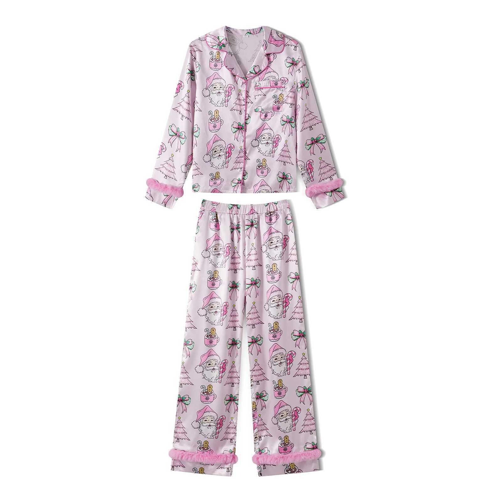 Mommy and Me Matching Pajamas Santa Tree Print Button Down Long Sleeve Lapel Tops Pants Family Sleepwear L251021M9U3